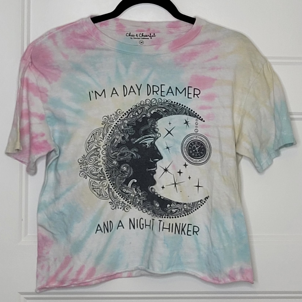 Y2K Vintage Tie Dye Crest Moon Face Stars Cropped Hipster T-Shirt Women’s M